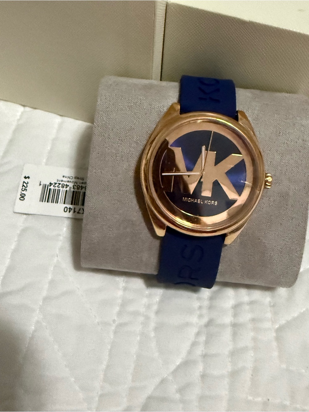 Michael Kors Blue and Rose Gold MK Logo Silicone Strap Watch